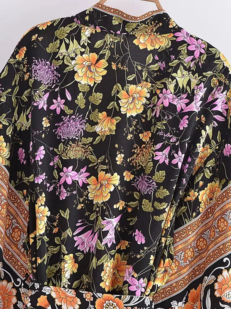 Boho Queens Vintage Women Floral Print Sashes Bohemian Kimono Ladies V Neck Batwing Sleeves Rayon Maxi Robe Cover-ups