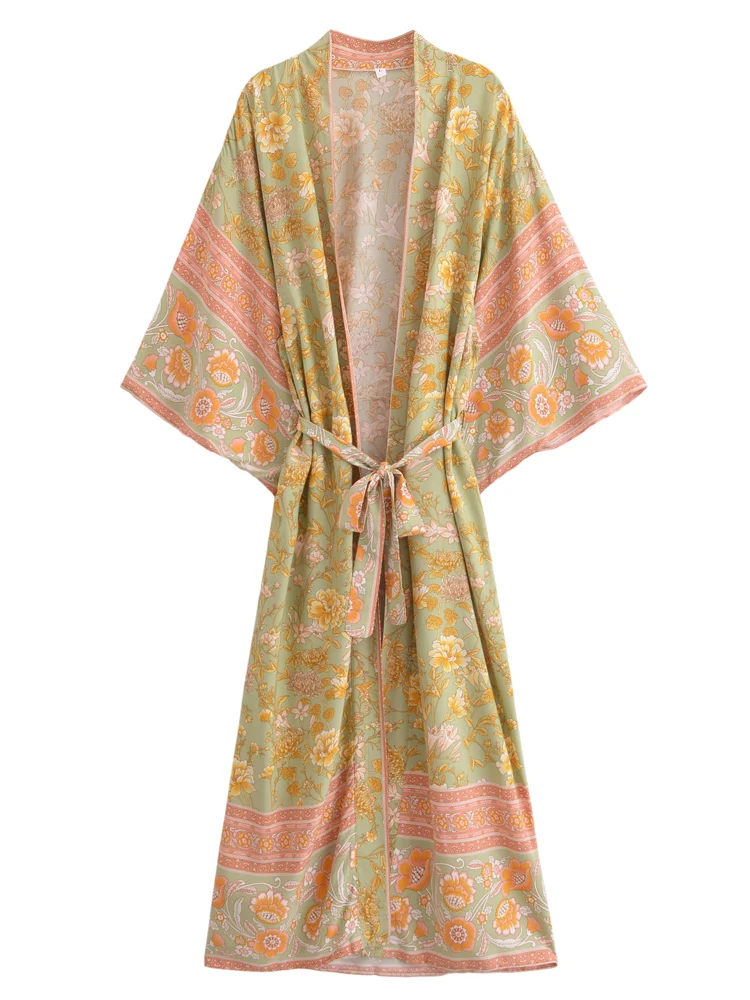 Boho Queens Vintage Women Floral Print Sashes Bohemian Kimono Ladies V Neck Batwing Sleeves Rayon Maxi Robe Cover-ups