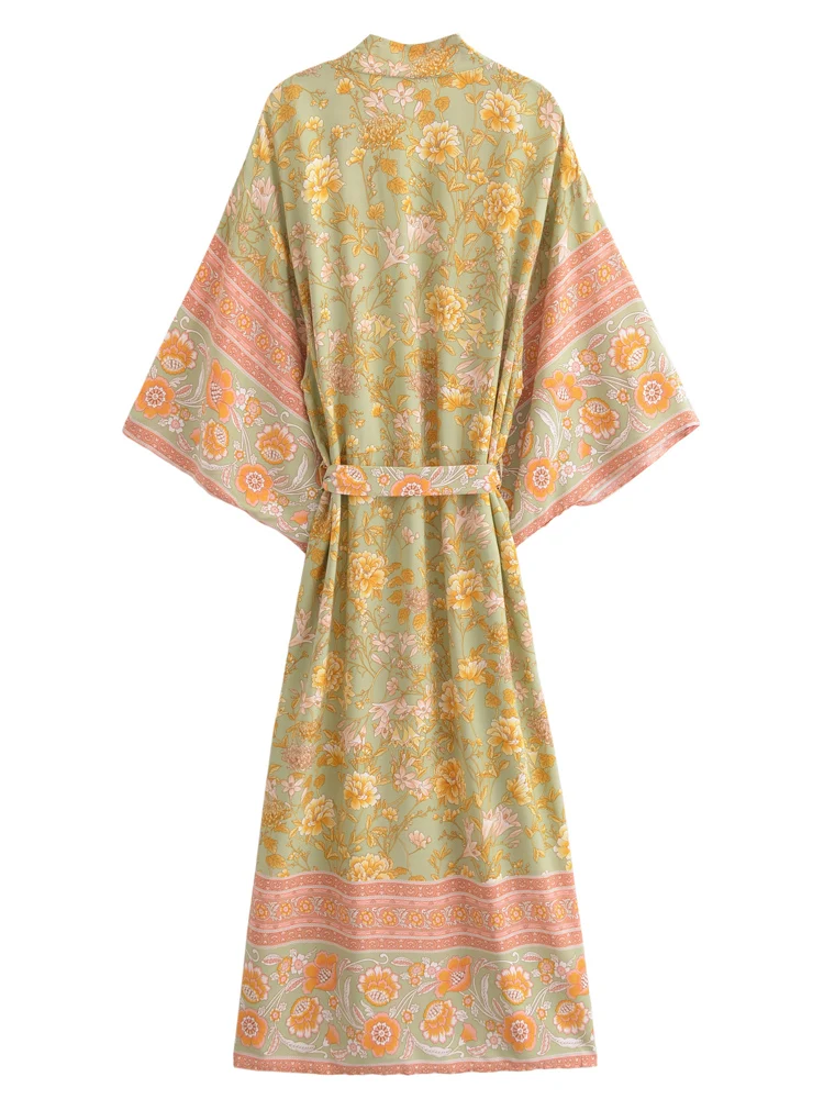 Boho Queens Vintage Women Floral Print Sashes Bohemian Kimono Ladies V Neck Batwing Sleeves Rayon Maxi Robe Cover-ups