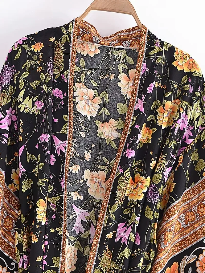 Boho Queens Vintage Women Floral Print Sashes Bohemian Kimono Ladies V Neck Batwing Sleeves Rayon Maxi Robe Cover-ups