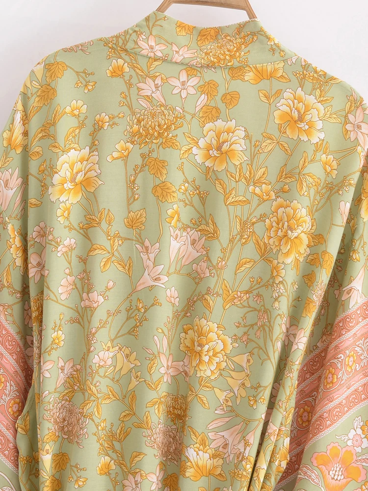 Boho Queens Vintage Women Floral Print Sashes Bohemian Kimono Ladies V Neck Batwing Sleeves Rayon Maxi Robe Cover-ups