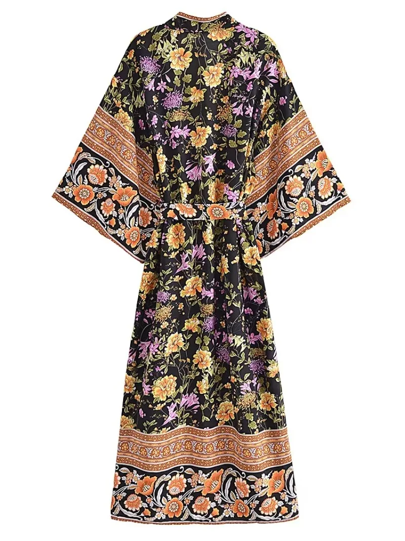 Boho Queens Vintage Women Floral Print Sashes Bohemian Kimono Ladies V Neck Batwing Sleeves Rayon Maxi Robe Cover-ups