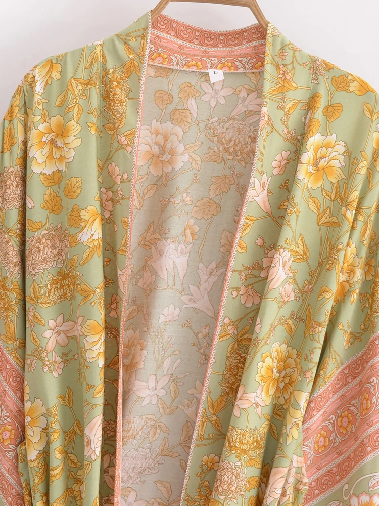 Boho Queens Vintage Women Floral Print Sashes Bohemian Kimono Ladies V Neck Batwing Sleeves Rayon Maxi Robe Cover-ups