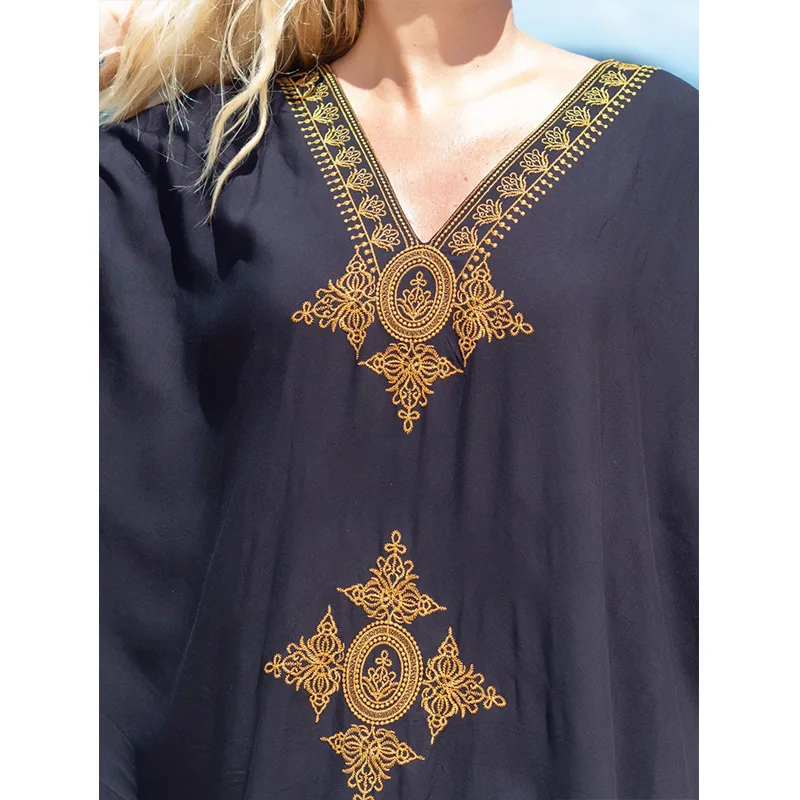 Fashion Vintage Bohemian Beach Dress Swimwears Women Robe Embroidery Oversize Long Dresses Female Pareo Robe Summer One Size