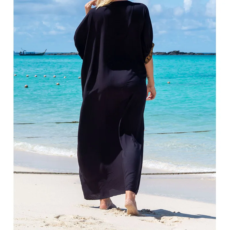 Fashion Vintage Bohemian Beach Dress Swimwears Women Robe Embroidery Oversize Long Dresses Female Pareo Robe Summer One Size