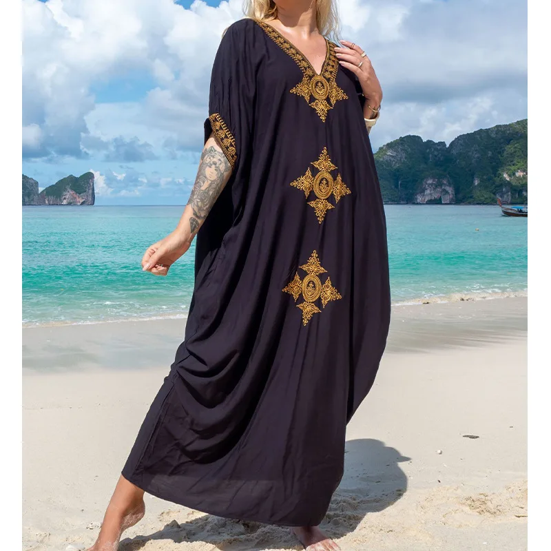 Fashion Vintage Bohemian Beach Dress Swimwears Women Robe Embroidery Oversize Long Dresses Female Pareo Robe Summer One Size