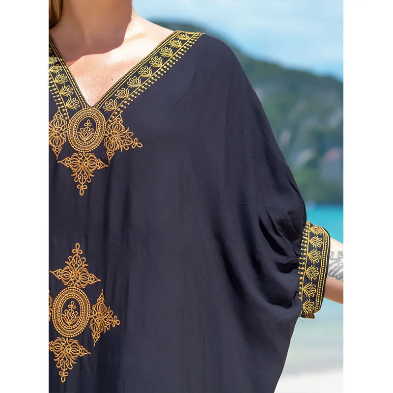 Fashion Vintage Bohemian Beach Dress Swimwears Women Robe Embroidery Oversize Long Dresses Female Pareo Robe Summer One Size