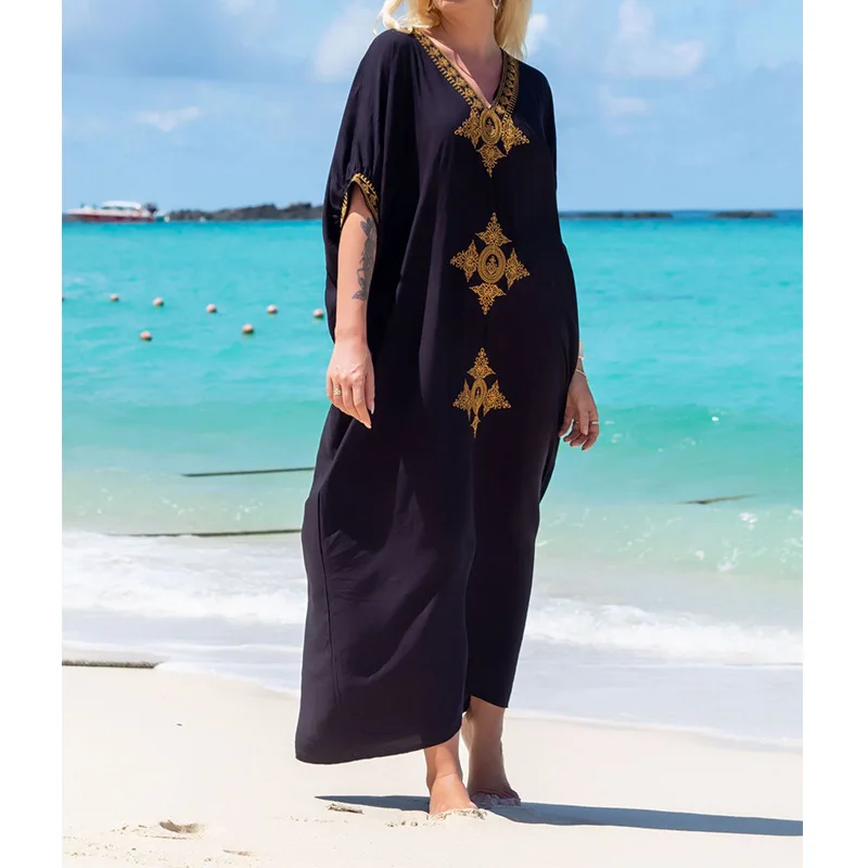 Fashion Vintage Bohemian Beach Dress Swimwears Women Robe Embroidery Oversize Long Dresses Female Pareo Robe Summer One Size