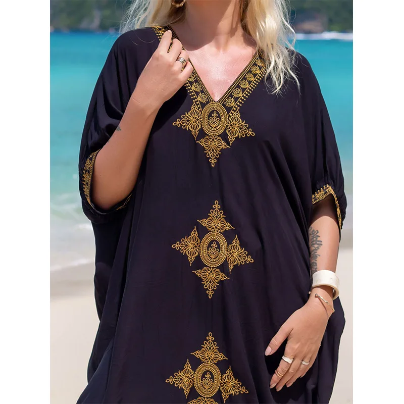 Fashion Vintage Bohemian Beach Dress Swimwears Women Robe Embroidery Oversize Long Dresses Female Pareo Robe Summer One Size