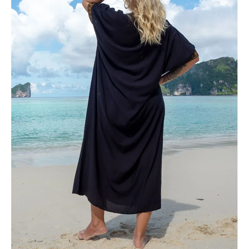 Fashion Vintage Bohemian Beach Dress Swimwears Women Robe Embroidery Oversize Long Dresses Female Pareo Robe Summer One Size