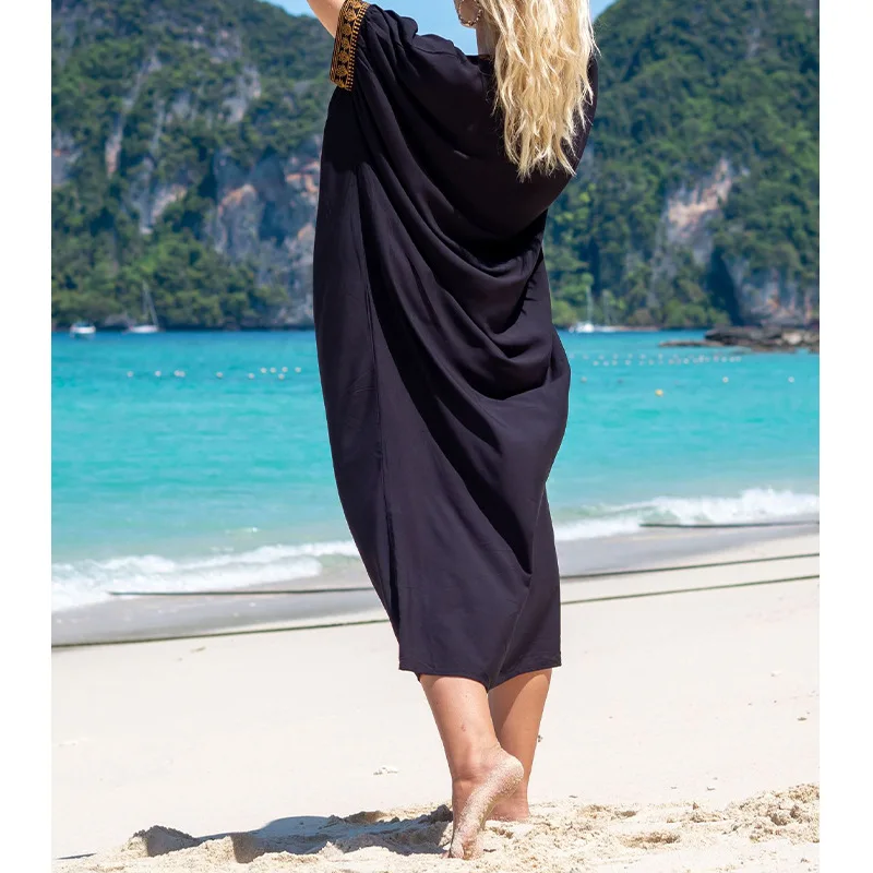 Fashion Vintage Bohemian Beach Dress Swimwears Women Robe Embroidery Oversize Long Dresses Female Pareo Robe Summer One Size