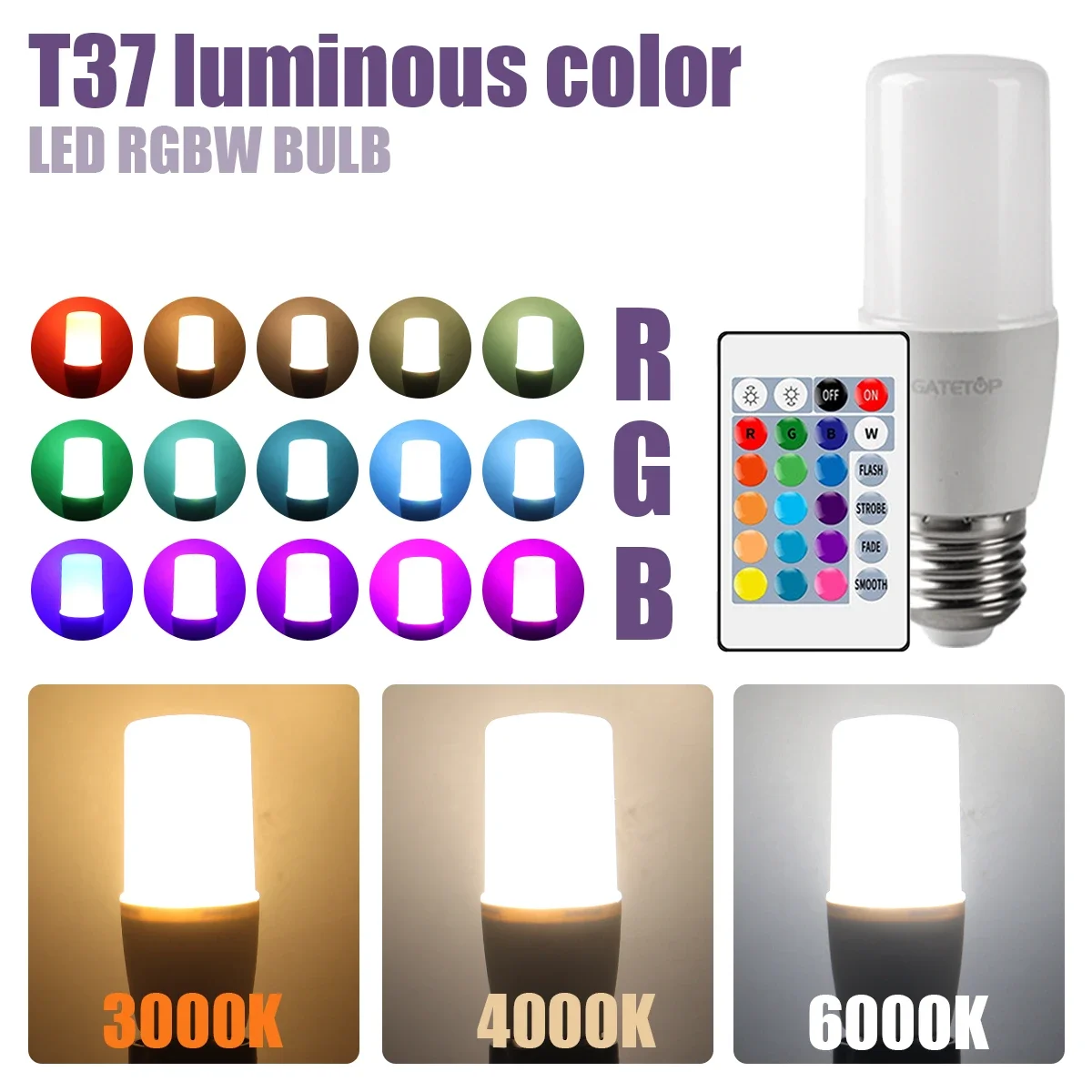 2PCS E14/E27/B22 T37 RGB Bulb LED Multicolor Light Dimmable 16 Colors Remote Control Smart Lighting - Brighten Your Every Moment