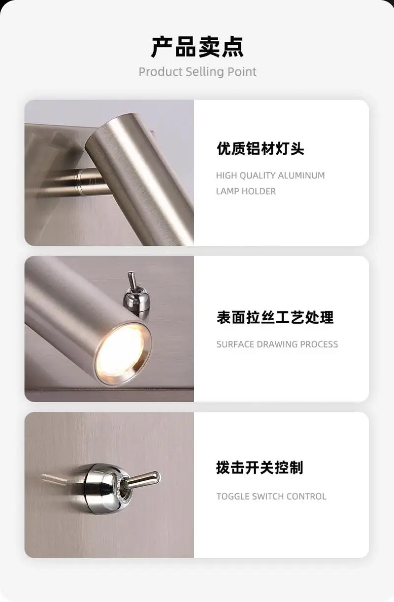 Embedded Square Wall Light Hotel Bedroom Bedside Reading LED Spotlight with Switch Adjustable Headboard Sconce Night Lamp 3W