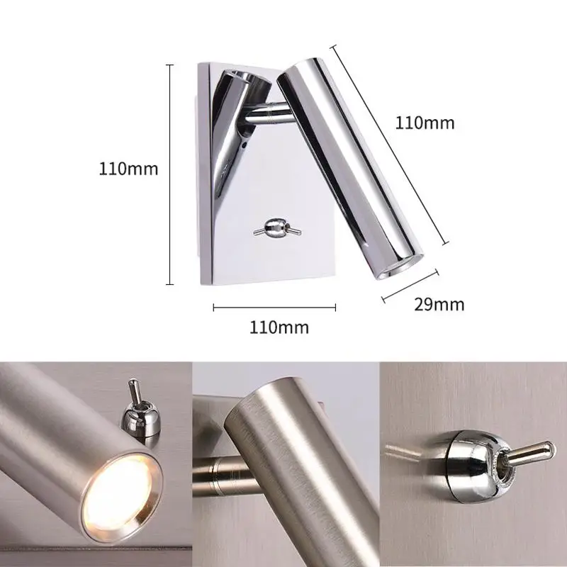 Embedded Square Wall Light Hotel Bedroom Bedside Reading LED Spotlight with Switch Adjustable Headboard Sconce Night Lamp 3W