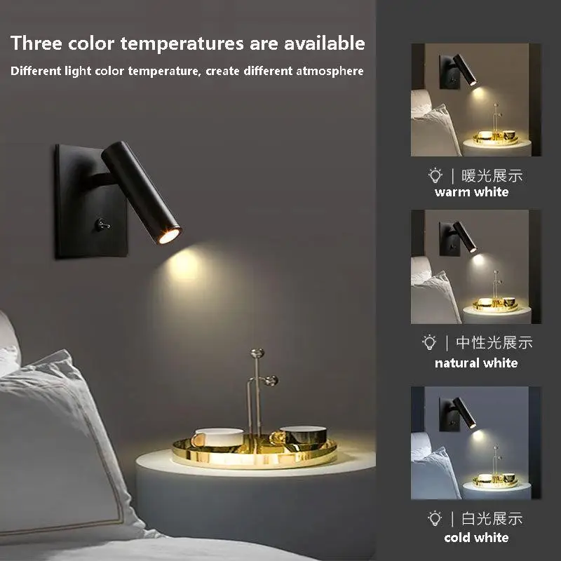 Embedded Square Wall Light Hotel Bedroom Bedside Reading LED Spotlight with Switch Adjustable Headboard Sconce Night Lamp 3W