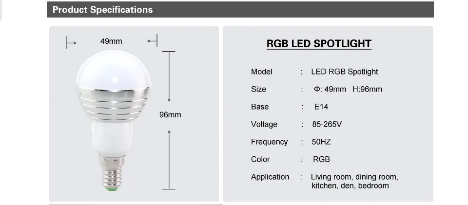 LED RGB Bulb Lamp E27 E14 AC85-265V 5W LED RGB Spotlight Dimmable Magic Holiday RGB Lighting+IR Remote Control 16 Colors
