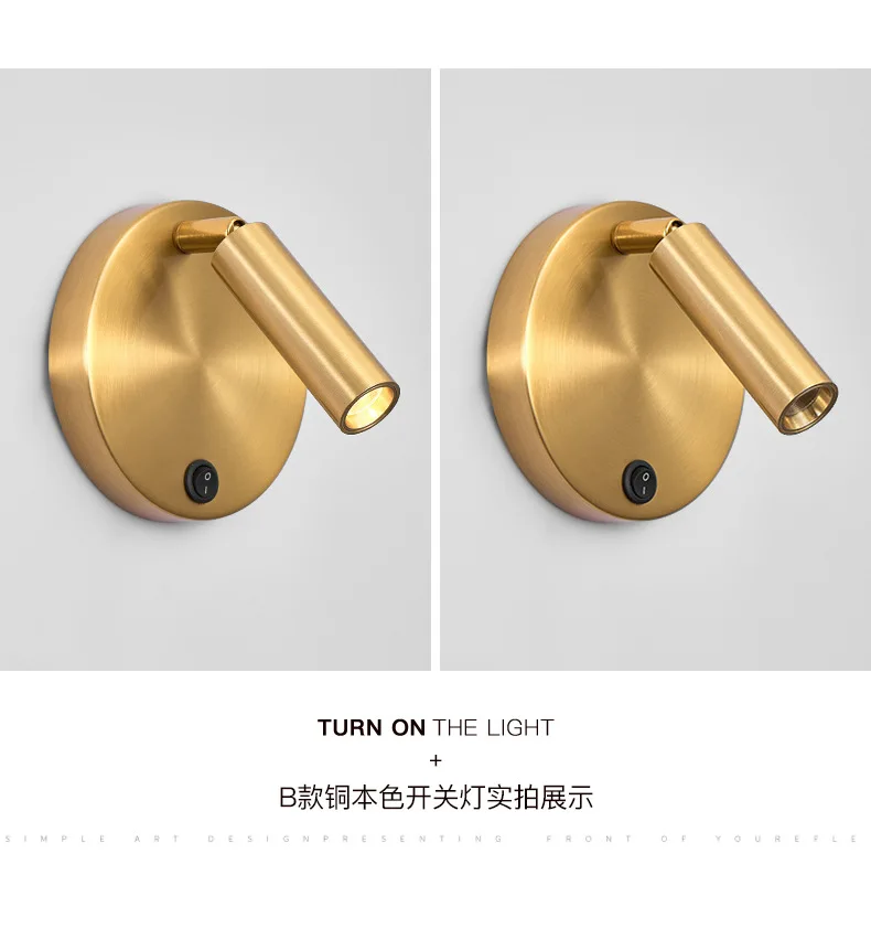 Nordic Bedside Wall Lamp Sconce with Switch Modern Minimalist Rotating Reading Lamp Spot Light 3W Black Brass for Aisle Bedroom
