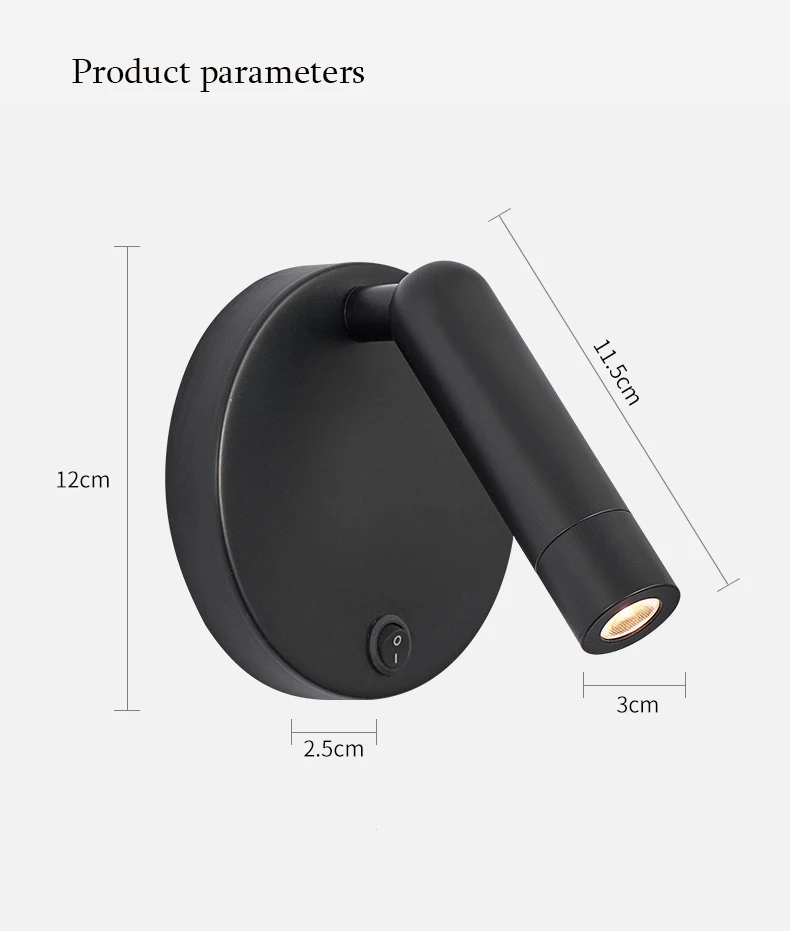 Nordic Bedside Wall Lamp Sconce with Switch Modern Minimalist Rotating Reading Lamp Spot Light 3W Black Brass for Aisle Bedroom