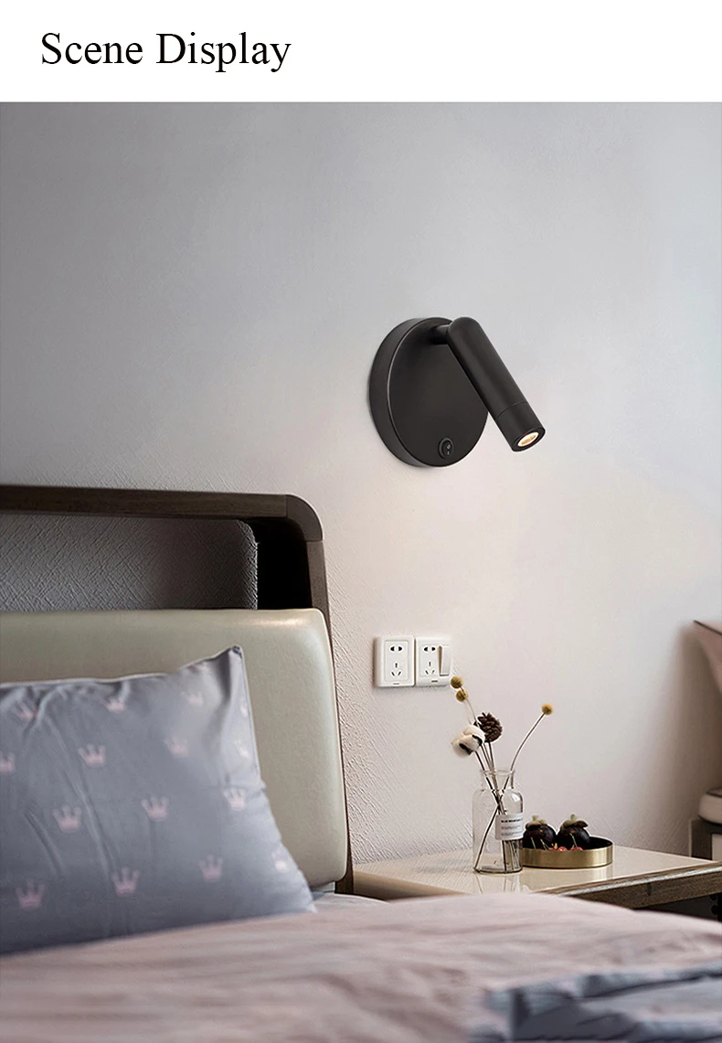 Nordic Bedside Wall Lamp Sconce with Switch Modern Minimalist Rotating Reading Lamp Spot Light 3W Black Brass for Aisle Bedroom