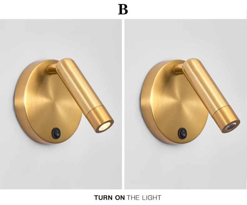 Nordic Bedside Wall Lamp Sconce with Switch Modern Minimalist Rotating Reading Lamp Spot Light 3W Black Brass for Aisle Bedroom