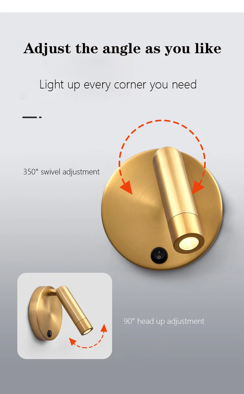 Nordic Bedside Wall Lamp Sconce with Switch Modern Minimalist Rotating Reading Lamp Spot Light 3W Black Brass for Aisle Bedroom