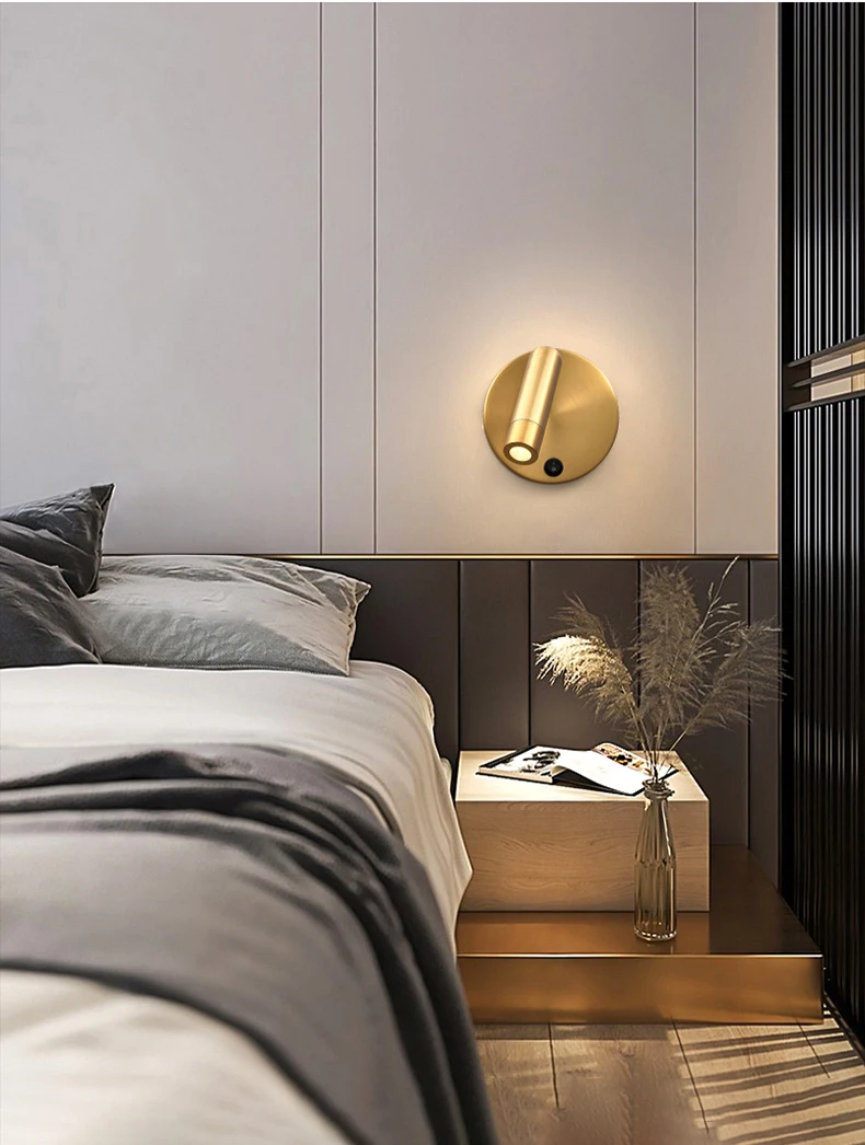 Nordic Bedside Wall Lamp Sconce with Switch Modern Minimalist Rotating Reading Lamp Spot Light 3W Black Brass for Aisle Bedroom