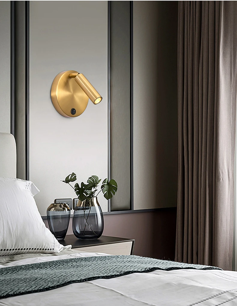 Nordic Bedside Wall Lamp Sconce with Switch Modern Minimalist Rotating Reading Lamp Spot Light 3W Black Brass for Aisle Bedroom