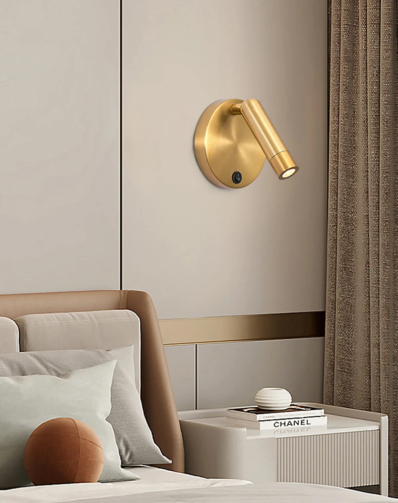 Nordic Bedside Wall Lamp Sconce with Switch Modern Minimalist Rotating Reading Lamp Spot Light 3W Black Brass for Aisle Bedroom