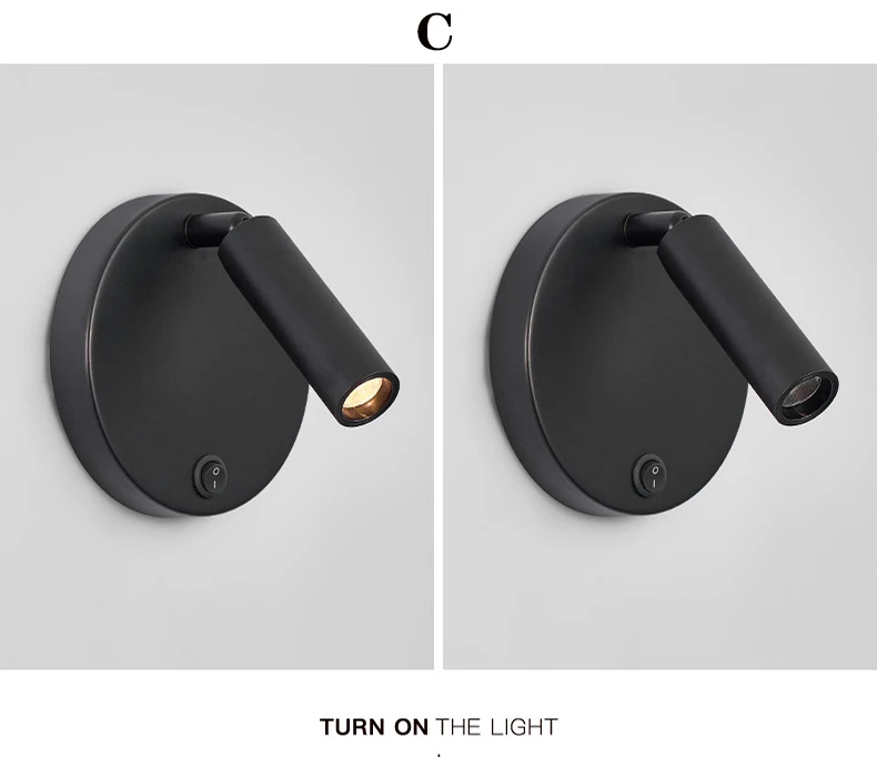Nordic Bedside Wall Lamp Sconce with Switch Modern Minimalist Rotating Reading Lamp Spot Light 3W Black Brass for Aisle Bedroom