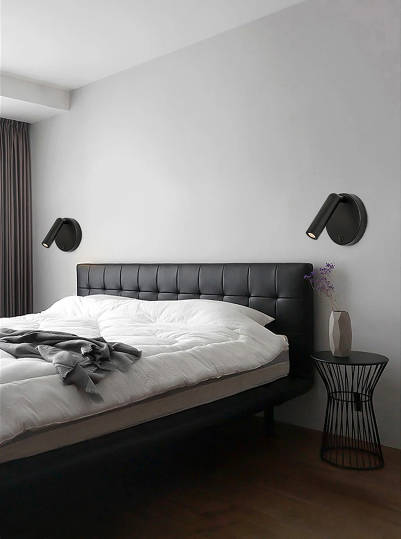 Nordic Bedside Wall Lamp Sconce with Switch Modern Minimalist Rotating Reading Lamp Spot Light 3W Black Brass for Aisle Bedroom