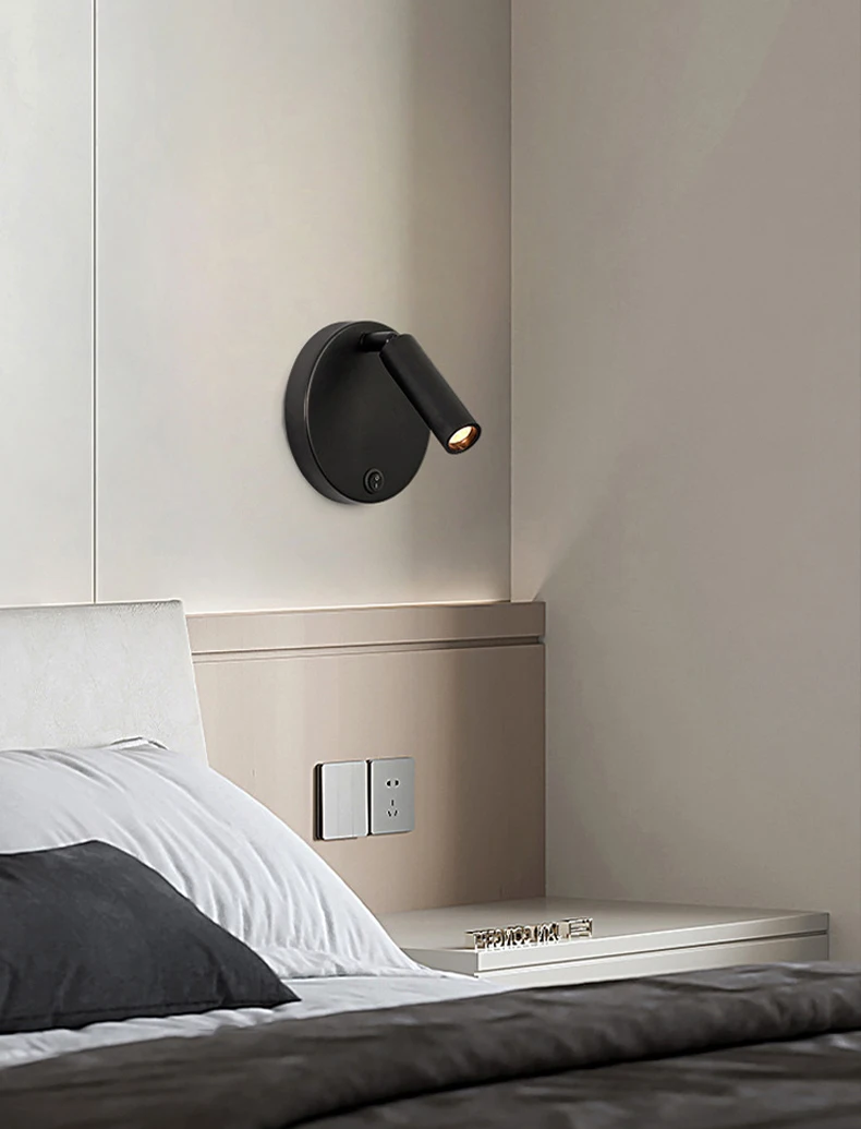 Nordic Bedside Wall Lamp Sconce with Switch Modern Minimalist Rotating Reading Lamp Spot Light 3W Black Brass for Aisle Bedroom