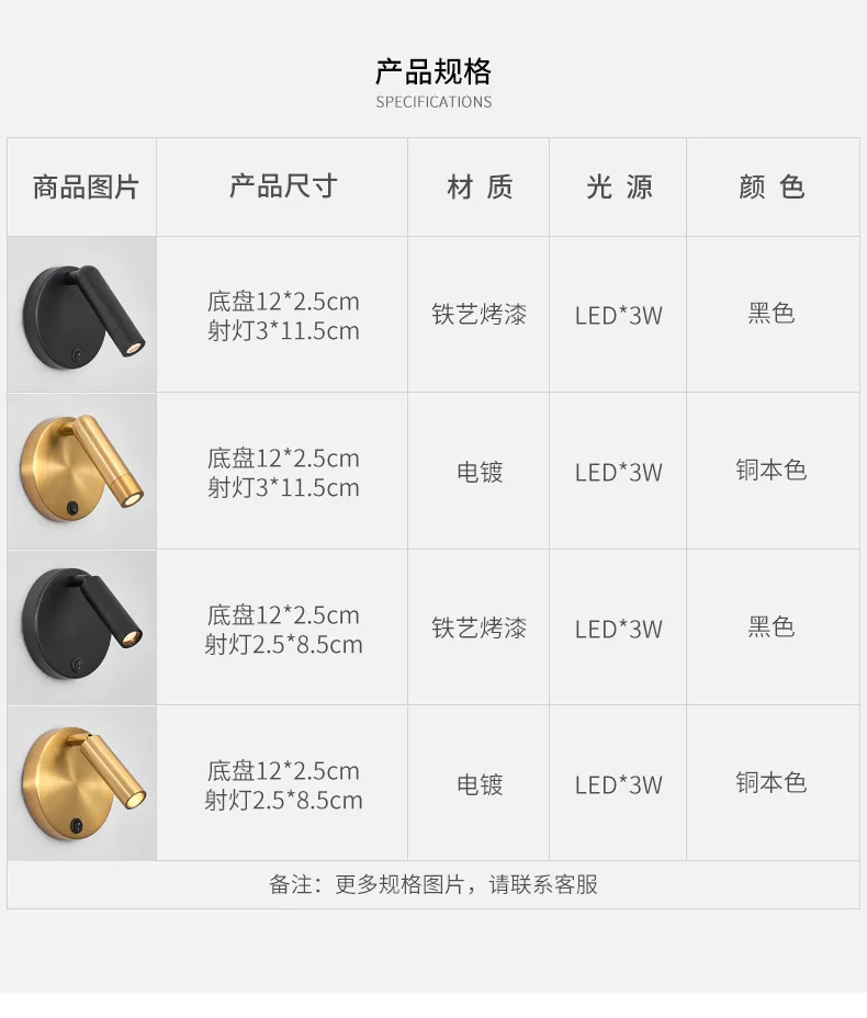 Nordic Bedside Wall Lamp Sconce with Switch Modern Minimalist Rotating Reading Lamp Spot Light 3W Black Brass for Aisle Bedroom