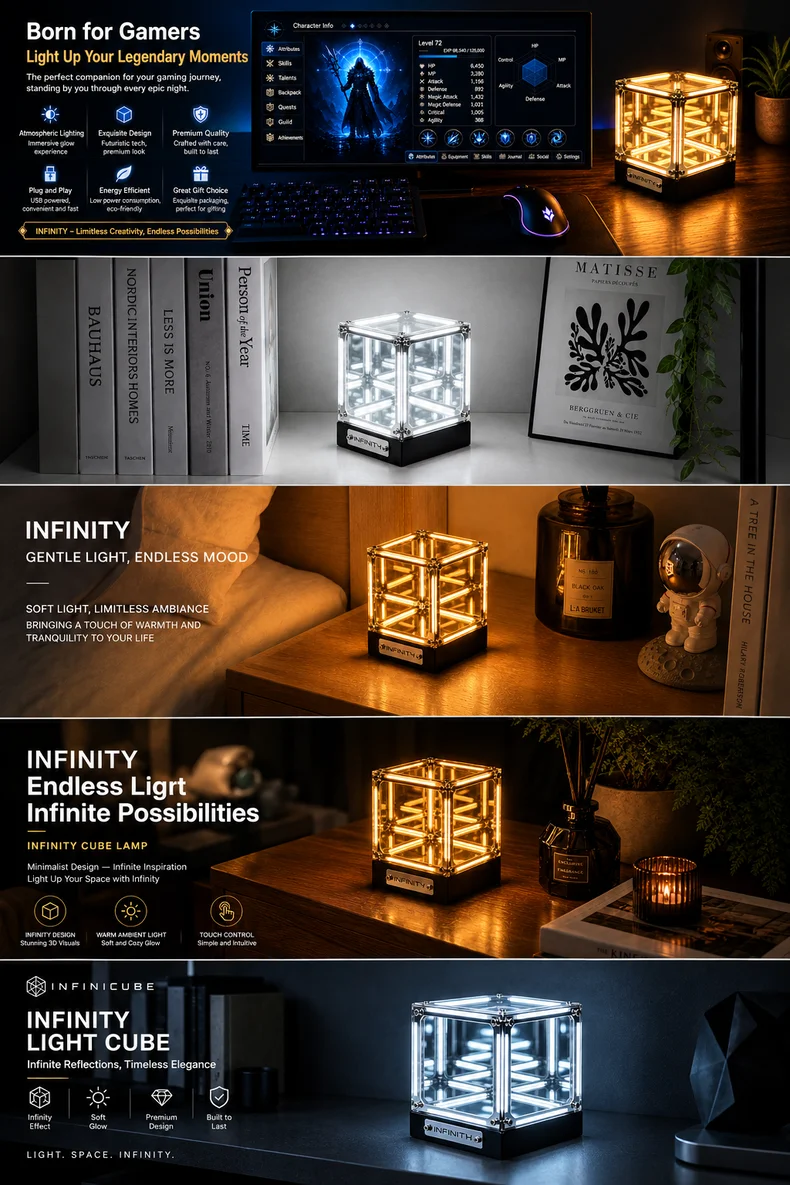 WWPPU Hypercube LED Table Lamp Multi-layer Mirror Infinity Projection Abyss Box Premium Acrylic Geek Room Decor Items