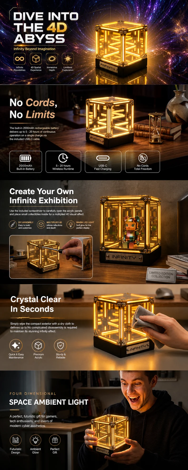 WWPPU Hypercube LED Table Lamp Multi-layer Mirror Infinity Projection Abyss Box Premium Acrylic Geek Room Decor Items