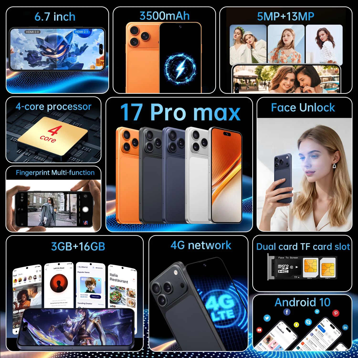 IVMI 17Pro Max Smartphones Android 10.0 Dual SIM 6.7"Display 3GB RAM 16GB ROM WIFI Bluetooth Play Store 4G Small Mobile Phone