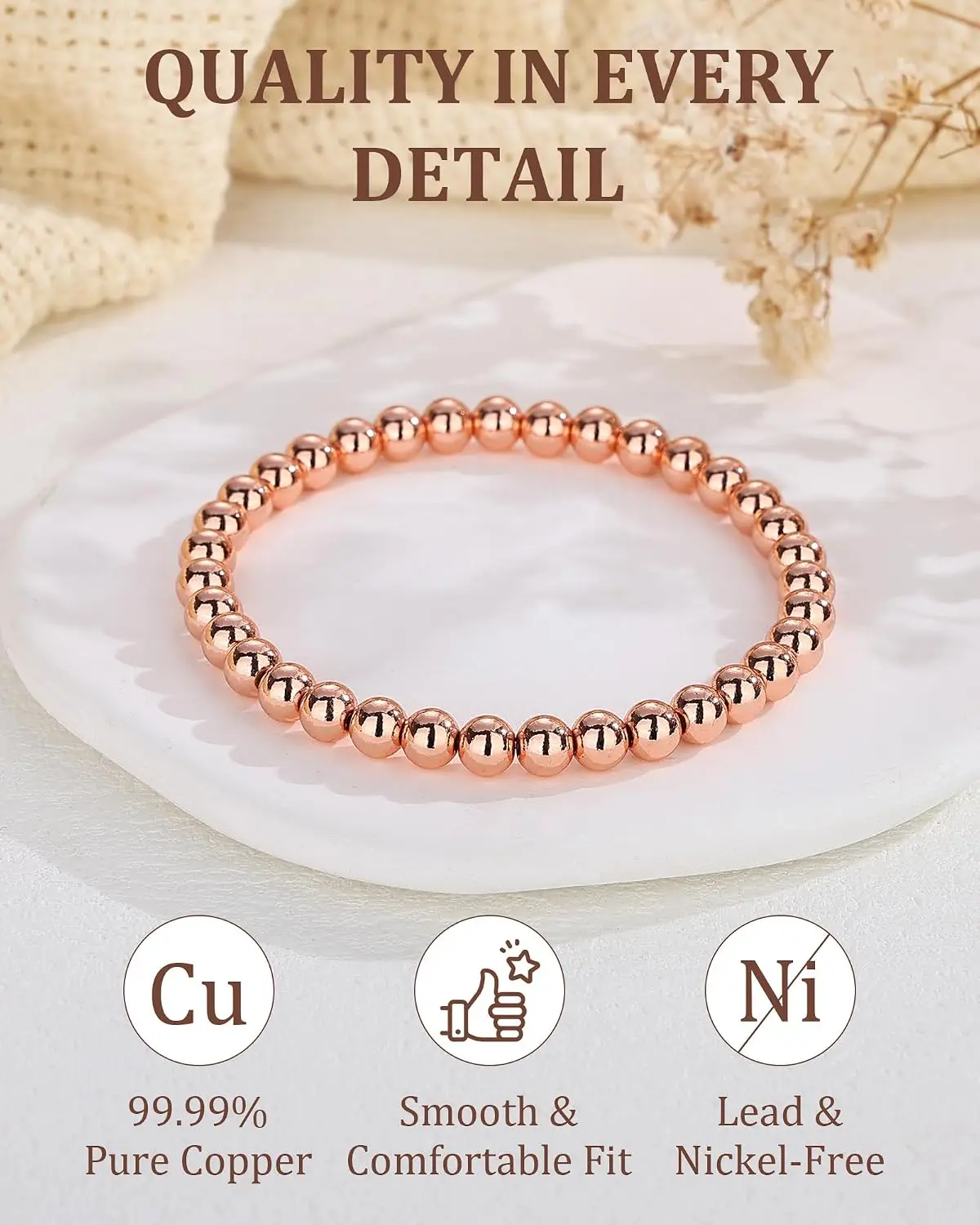 ARADOO Pure Copper Beaded Bracelet for Women Men Jewelry Gifts