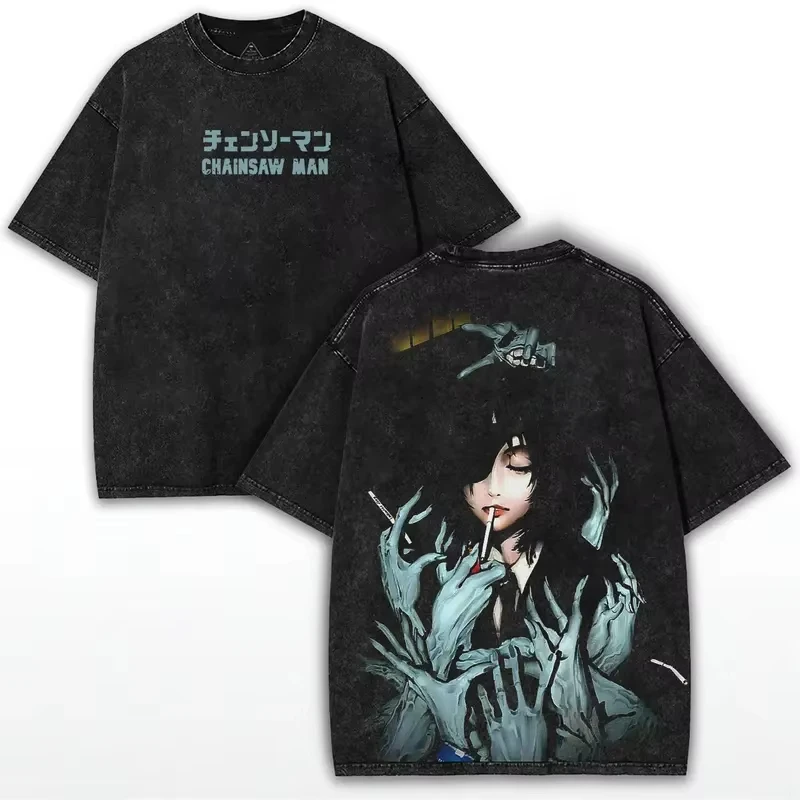 2026 Chainsaw Man Reze Double Sided Vintage Washed T-Shirt Oversized Y2K Cotton Tee For Anime Fans And Passionate Enthusiasts