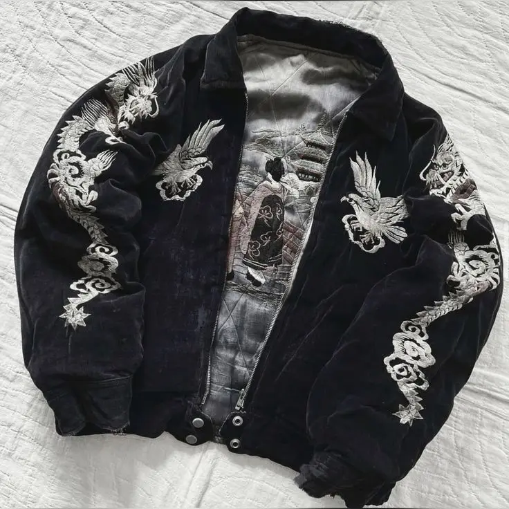 Hip Hop Japan Harajuku Style Jacket Gothic Dragon Pattern Bomber Jackets High Quality Embroidered Y2k Zipper Fleece Lined Coat