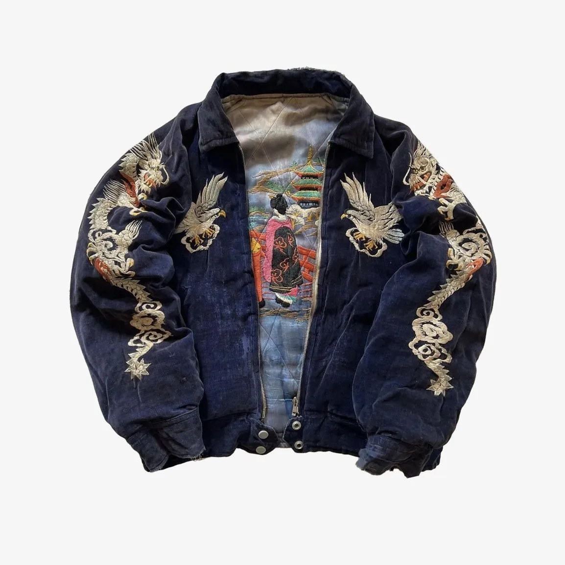 Hip Hop Japan Harajuku Style Jacket Gothic Dragon Pattern Bomber Jackets High Quality Embroidered Y2k Zipper Fleece Lined Coat