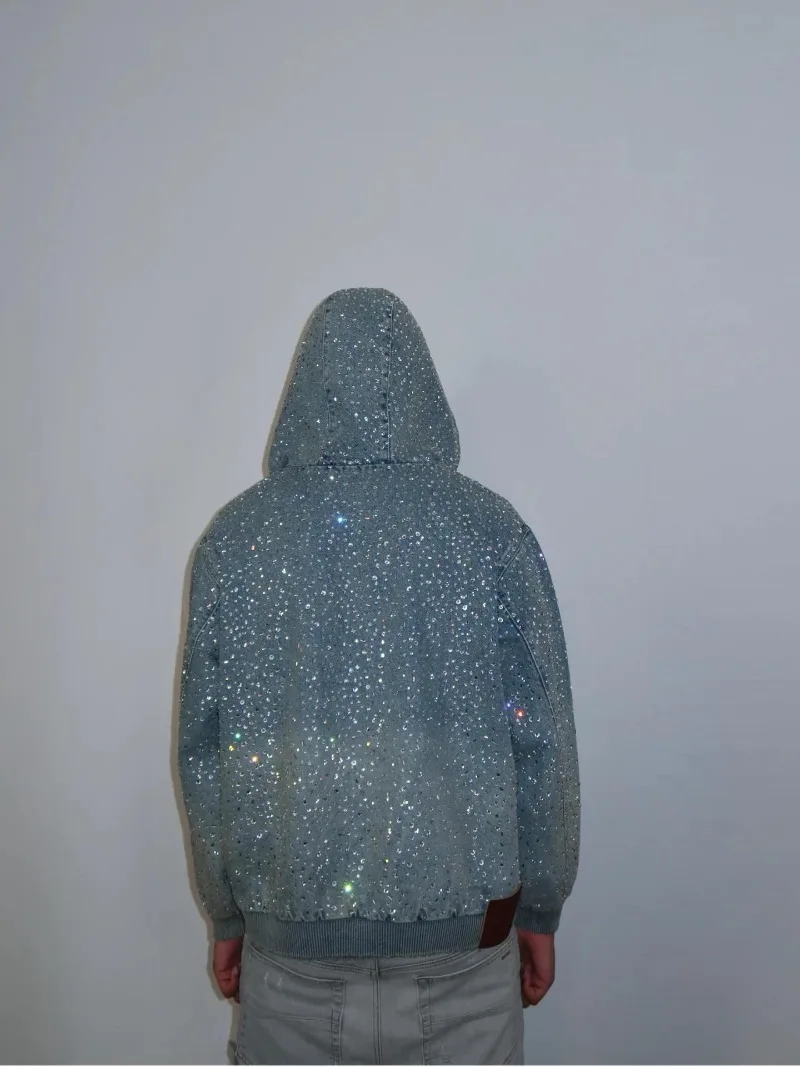 2026 New Y2k Streetwear Rhinestone Decorated Denim Hooded Jacket Men European American Fashion High Street Men's Loose Hoodie