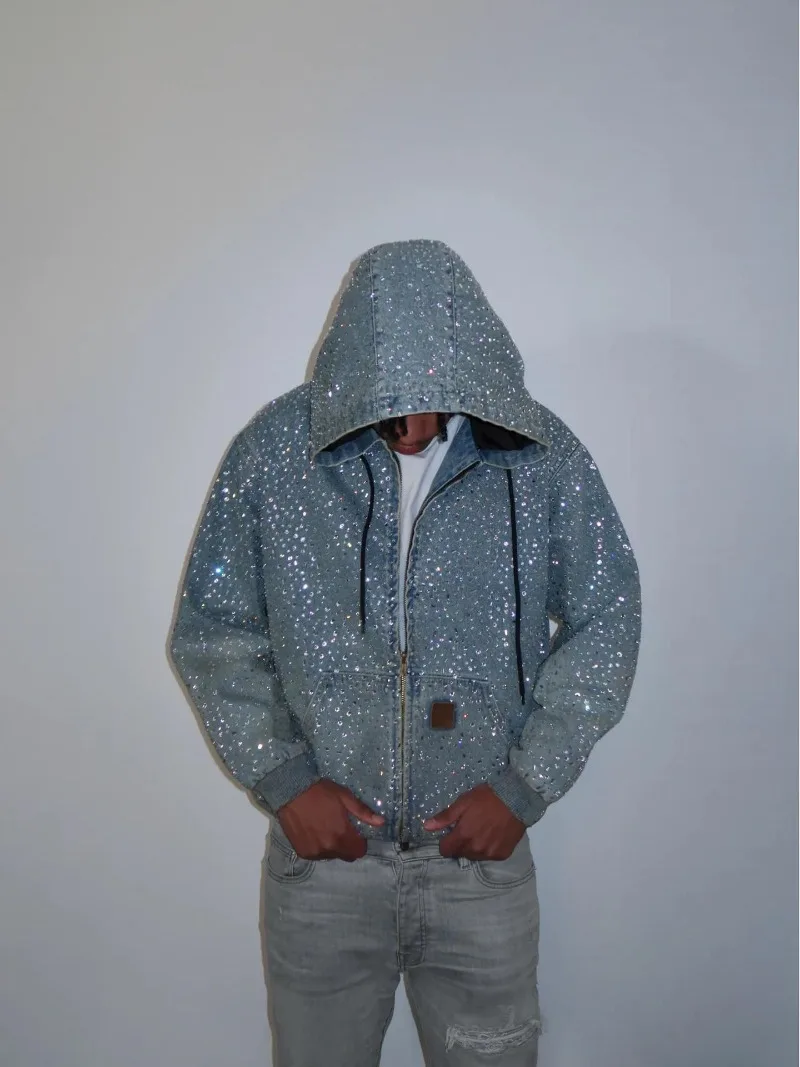 2026 New Y2k Streetwear Rhinestone Decorated Denim Hooded Jacket Men European American Fashion High Street Men's Loose Hoodie