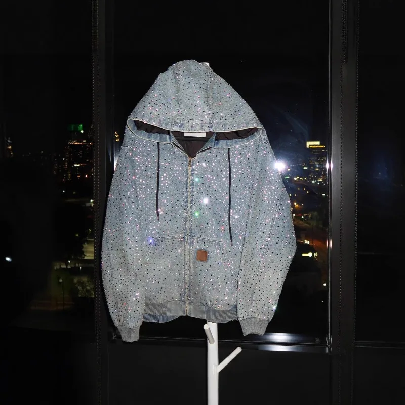 2026 New Y2k Streetwear Rhinestone Decorated Denim Hooded Jacket Men European American Fashion High Street Men's Loose Hoodie