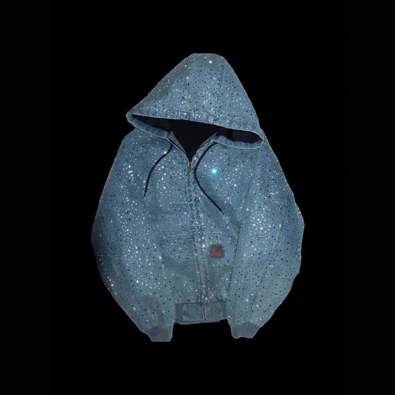 2026 New Y2k Streetwear Rhinestone Decorated Denim Hooded Jacket Men European American Fashion High Street Men's Loose Hoodie