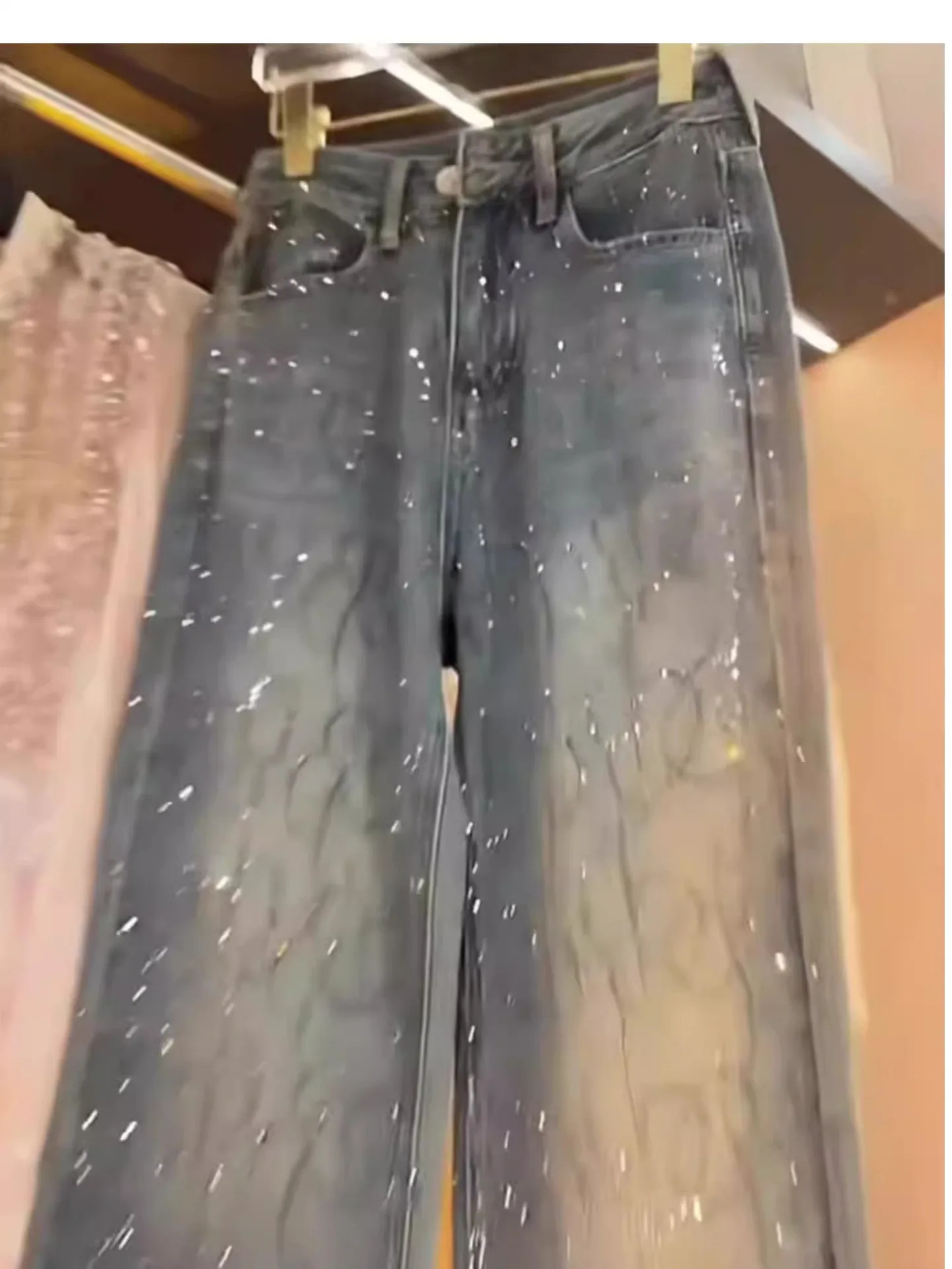 Women's Jeans 2025 New Style Heavy Industry High-end Versatile High-waisted Slim Straight Pants Blue Two-color Hot Diamond Jeans