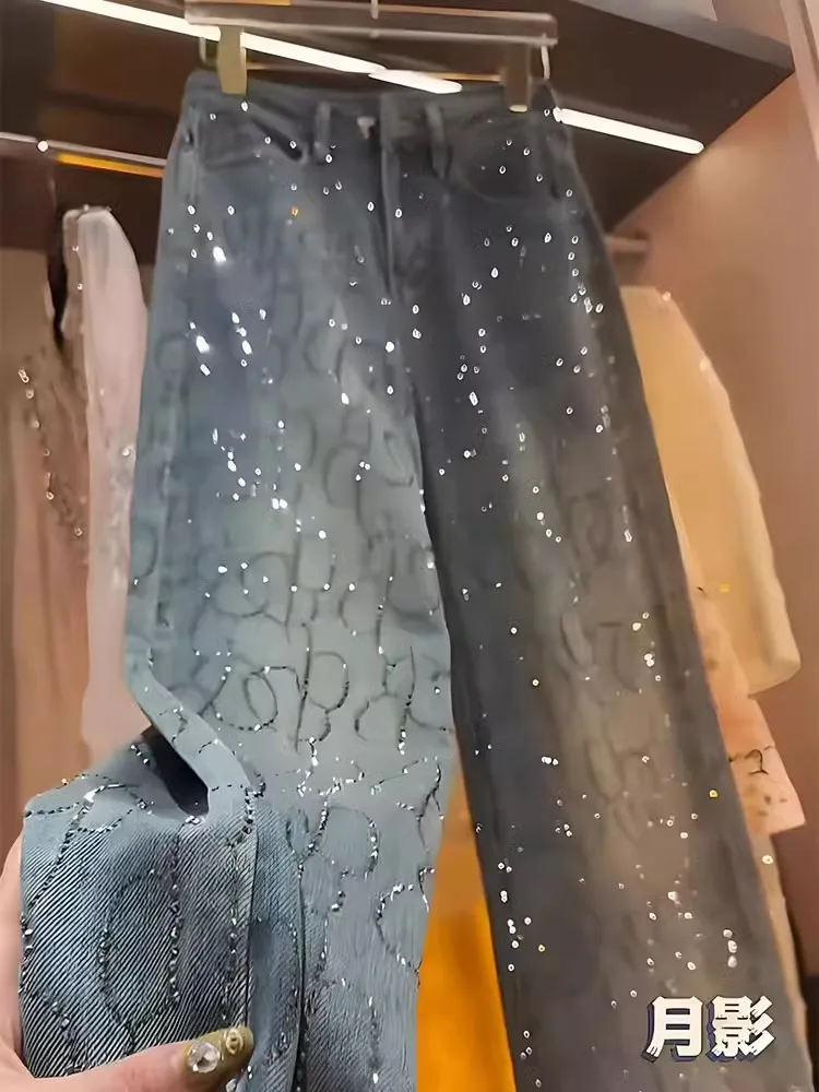 Women's Jeans 2025 New Style Heavy Industry High-end Versatile High-waisted Slim Straight Pants Blue Two-color Hot Diamond Jeans