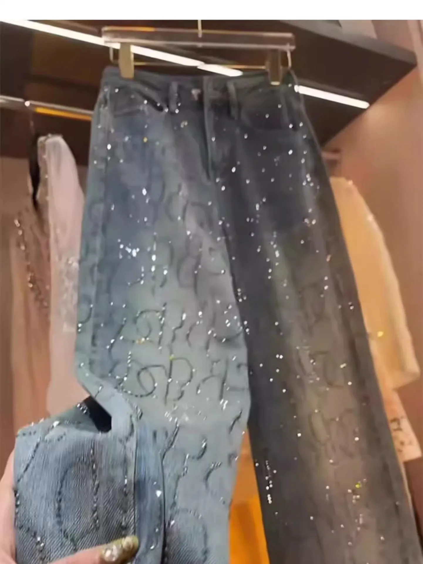 Women's Jeans 2025 New Style Heavy Industry High-end Versatile High-waisted Slim Straight Pants Blue Two-color Hot Diamond Jeans