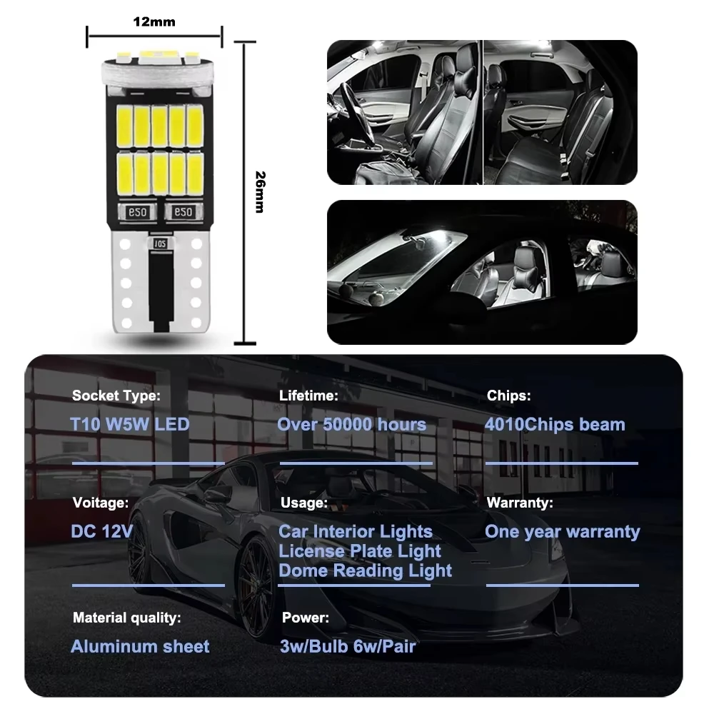 1/2/6/10pcs T10 W5W 194 501 Car Led Bulb Canbus No Error Car Interior Light T10 26 SMD 4014 Chip Pure White Instrument Lights B