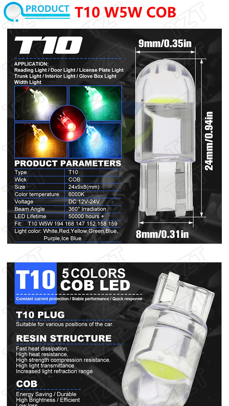W5W 194 T10 Glass Housing Cob LED Car bulb 3000K 6000K White Green Blue Red Wedge License Plate Lamp Dome Light White Diedo