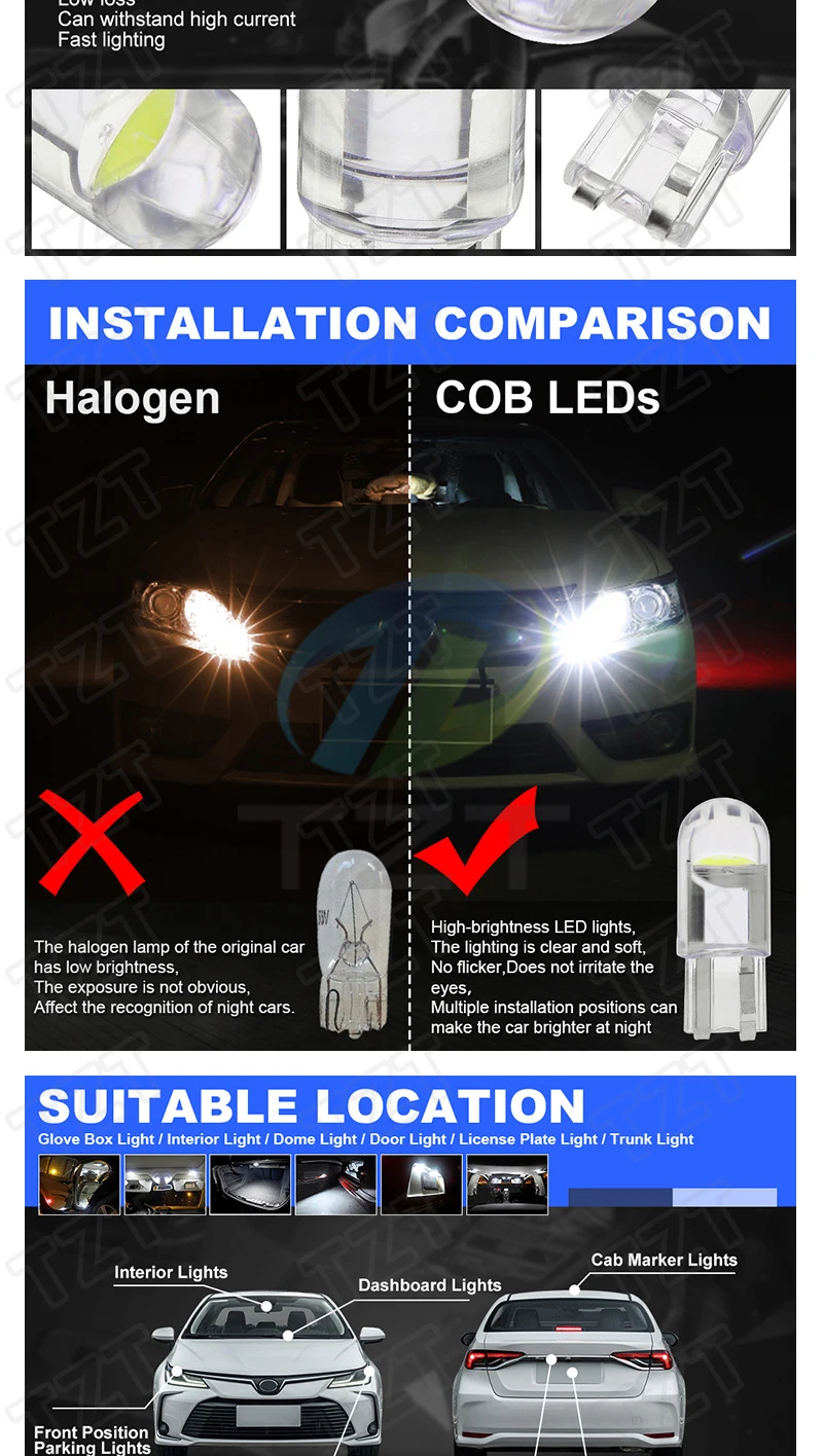 W5W 194 T10 Glass Housing Cob LED Car bulb 3000K 6000K White Green Blue Red Wedge License Plate Lamp Dome Light White Diedo