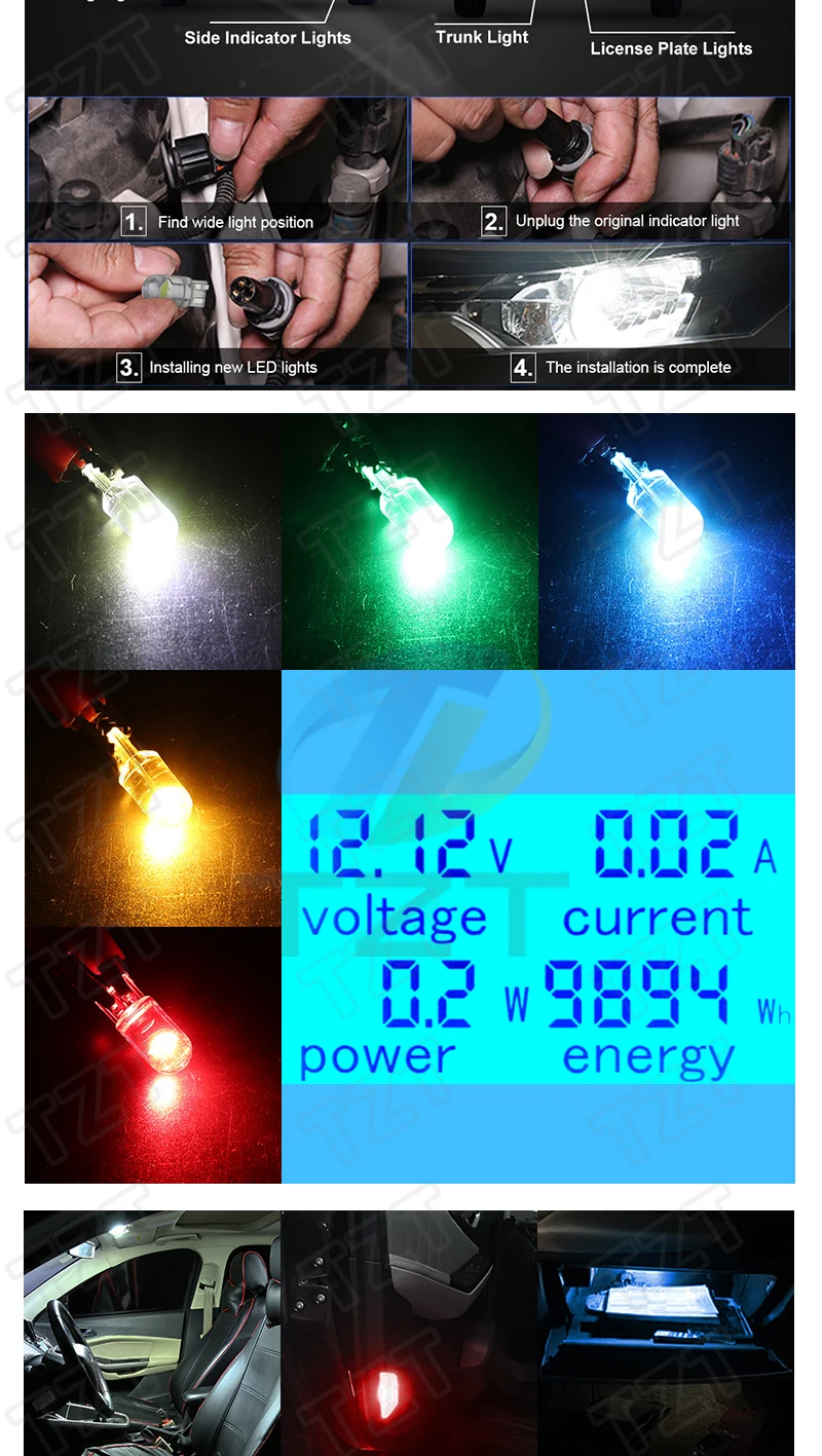 W5W 194 T10 Glass Housing Cob LED Car bulb 3000K 6000K White Green Blue Red Wedge License Plate Lamp Dome Light White Diedo